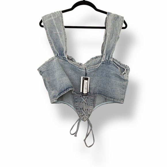 Pretty Little Thing Denim Bleach Wash Ruched Bust Detail Lace Up Corset Top - Picture 3 of 6